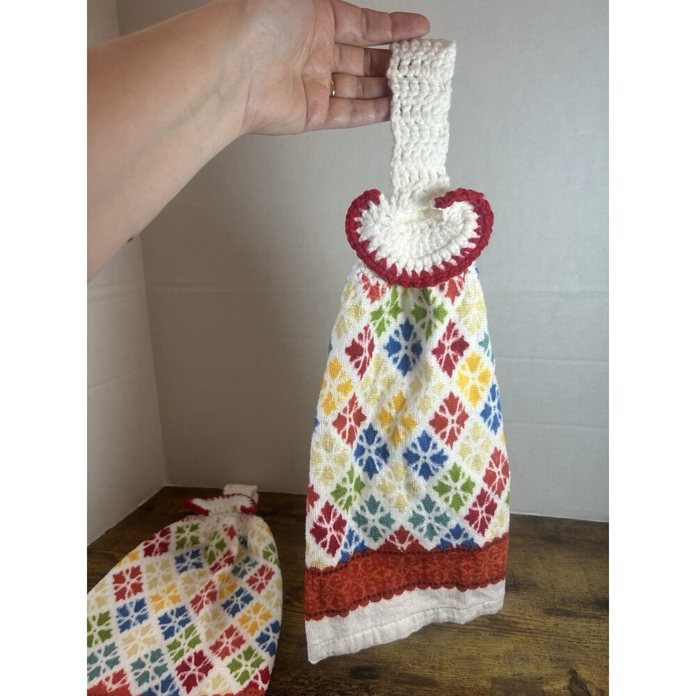 Set 2 Crochet Top Hanging Kitchen Towels Colorful Nordic Farmhouse Decor - Picture 6 of 11